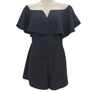 Leith Womans size XS Off Shoulder Notch Neck Detail Black Romper Ruffle at Bust